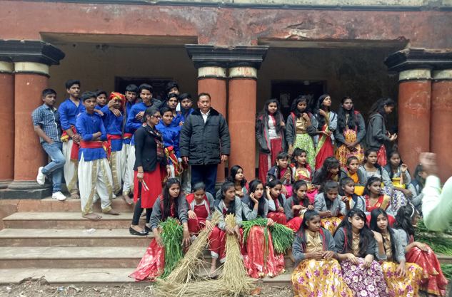Students in front of school
